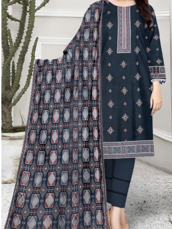 Breeze Winter Collection 2025 – Dhanak Heavy Embroidered 3-Piece Unstitched Suit with Laser Cutwork Embroidered Shawl