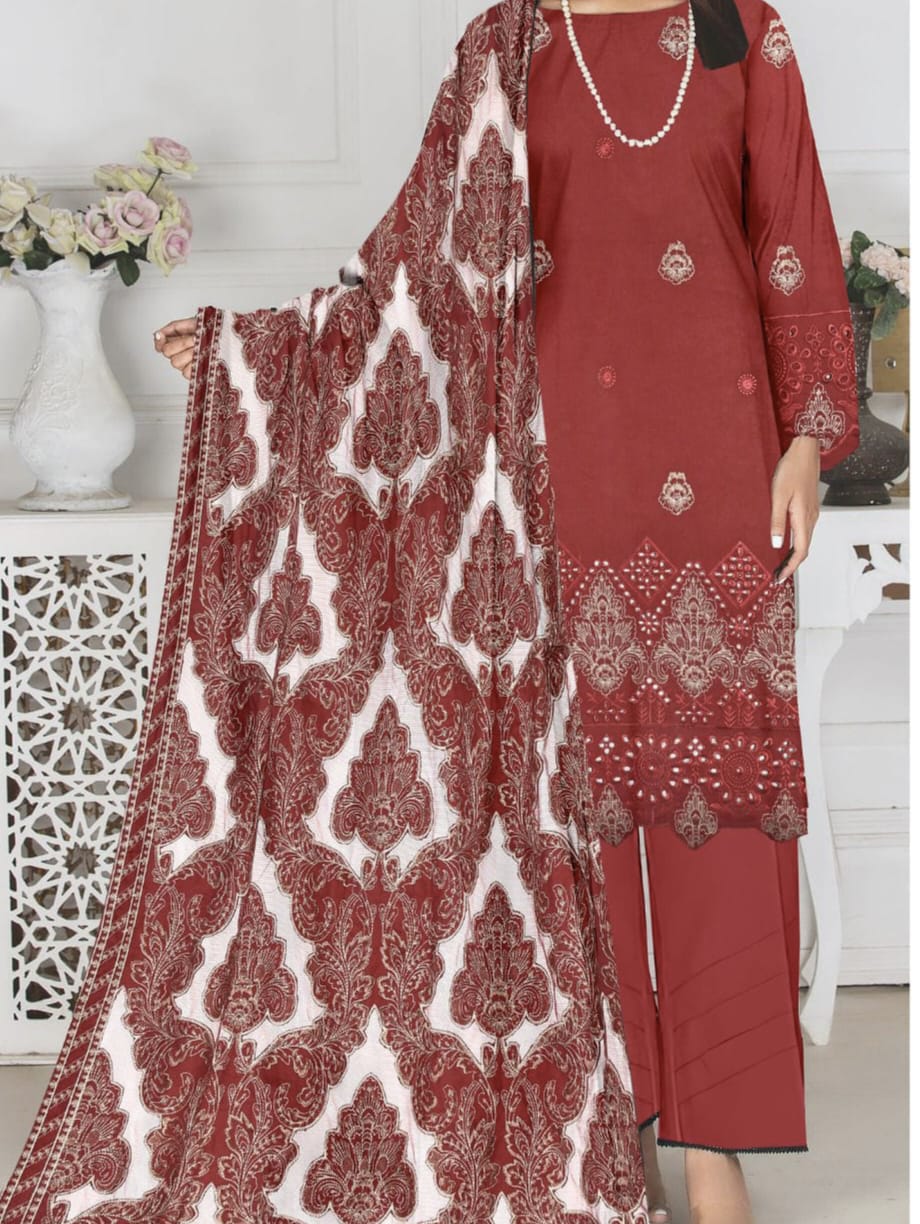 Breeze Winter Collection 2025 – Dhanak Heavy Embroidered 3-Piece Unstitched Suit with Laser Cutwork Embroidered Shawl