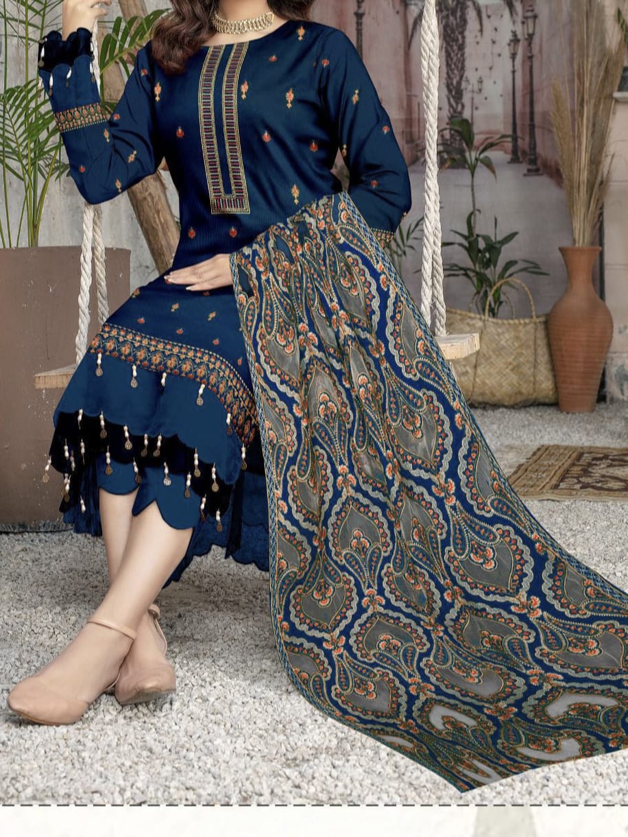 Winter Collection – Premium Dhanak 3-Piece Embroidered Suit with Laser Cutwork Shawl