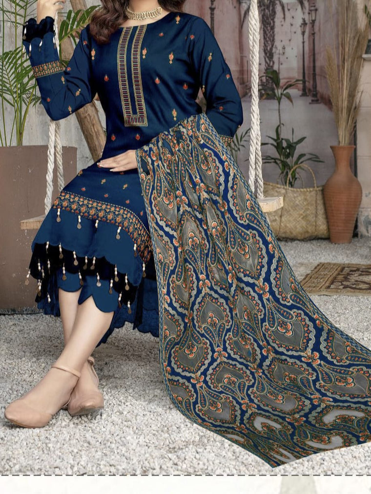 Winter Collection – Premium Dhanak 3-Piece Embroidered Suit with Laser Cutwork Shawl