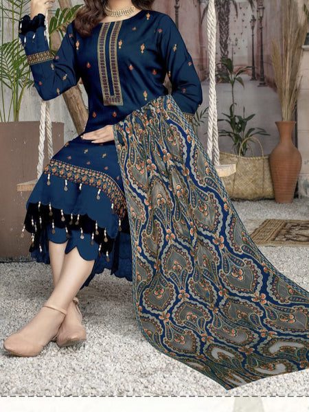 Winter Collection – Premium Dhanak 3-Piece Embroidered Suit with Laser Cutwork Shawl