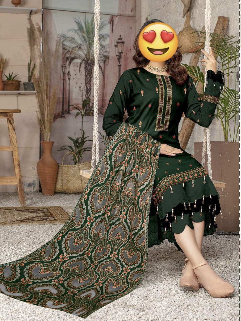 Winter Collection – Premium Dhanak 3-Piece Embroidered Suit with Laser Cutwork Shawl