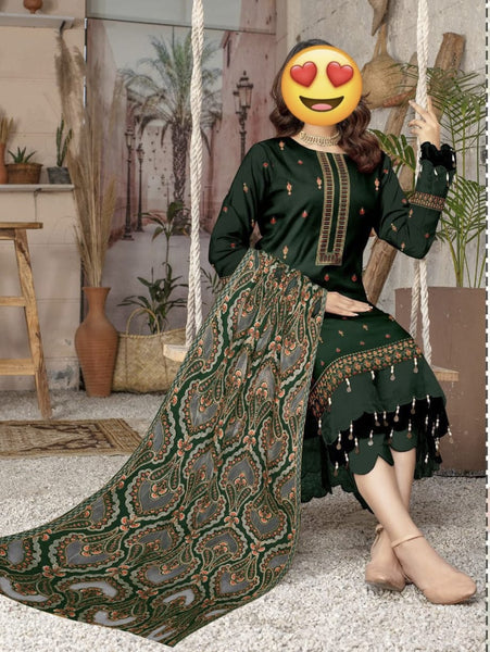 Winter Collection – Premium Dhanak 3-Piece Embroidered Suit with Laser Cutwork Shawl