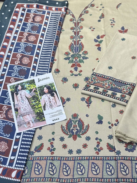 JAZMIN Winter Collection Vol. 2025 – Premium Dhanak Embroidered 3-Piece Unstitched Suit with Digital Print Wool Shawl