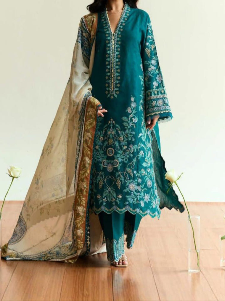 Zara Shahjahan Winter Luxury Collection 2025 – Dhanak Heavy Embroidered 3-Piece Unstitched Suit with Digital Printed Wool Shawl