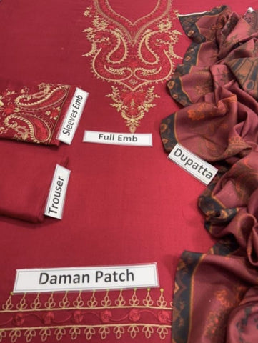 Maria.B Winter Collection 2025 (Vol. 24) – Dhanak Heavy Embroidered 3-Piece Unstitched Suit with Digital Printed Wool Shawl