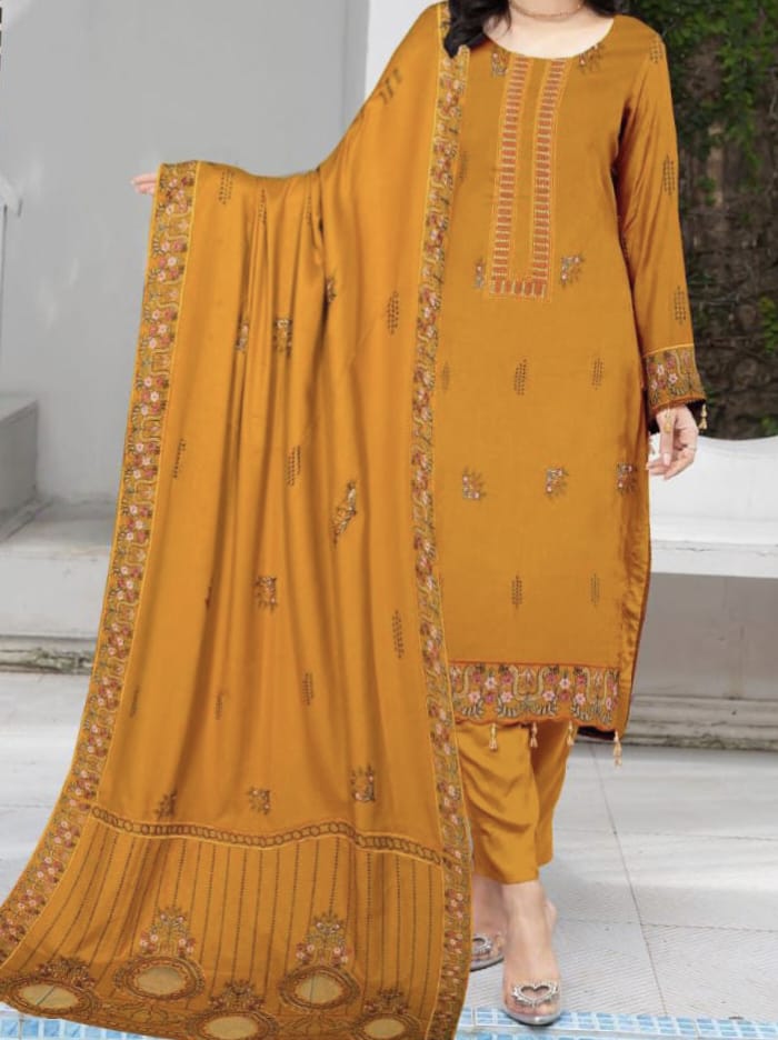 Winter Collection – Premium Dhanak 3-Piece Embroidered Suit with Laser Cutwork Shawl