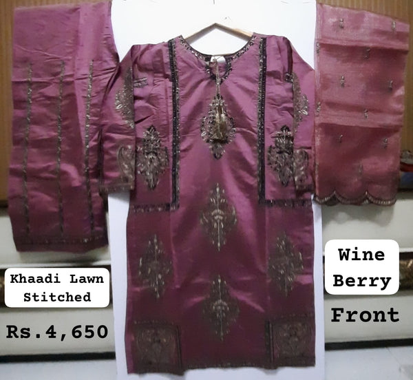 KHAADI LAWN (STITCHED), WINE BERRY COLOUR (Standard Medium Size)