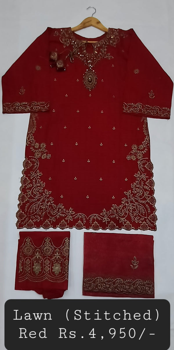 LAWN (STITCHED), RED COLOUR (Standard Medium Size)