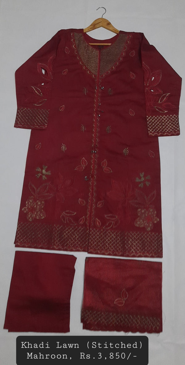 KHAADI LAWN (STITCHED), MAHROON COLOUR (Standard Medium Size)